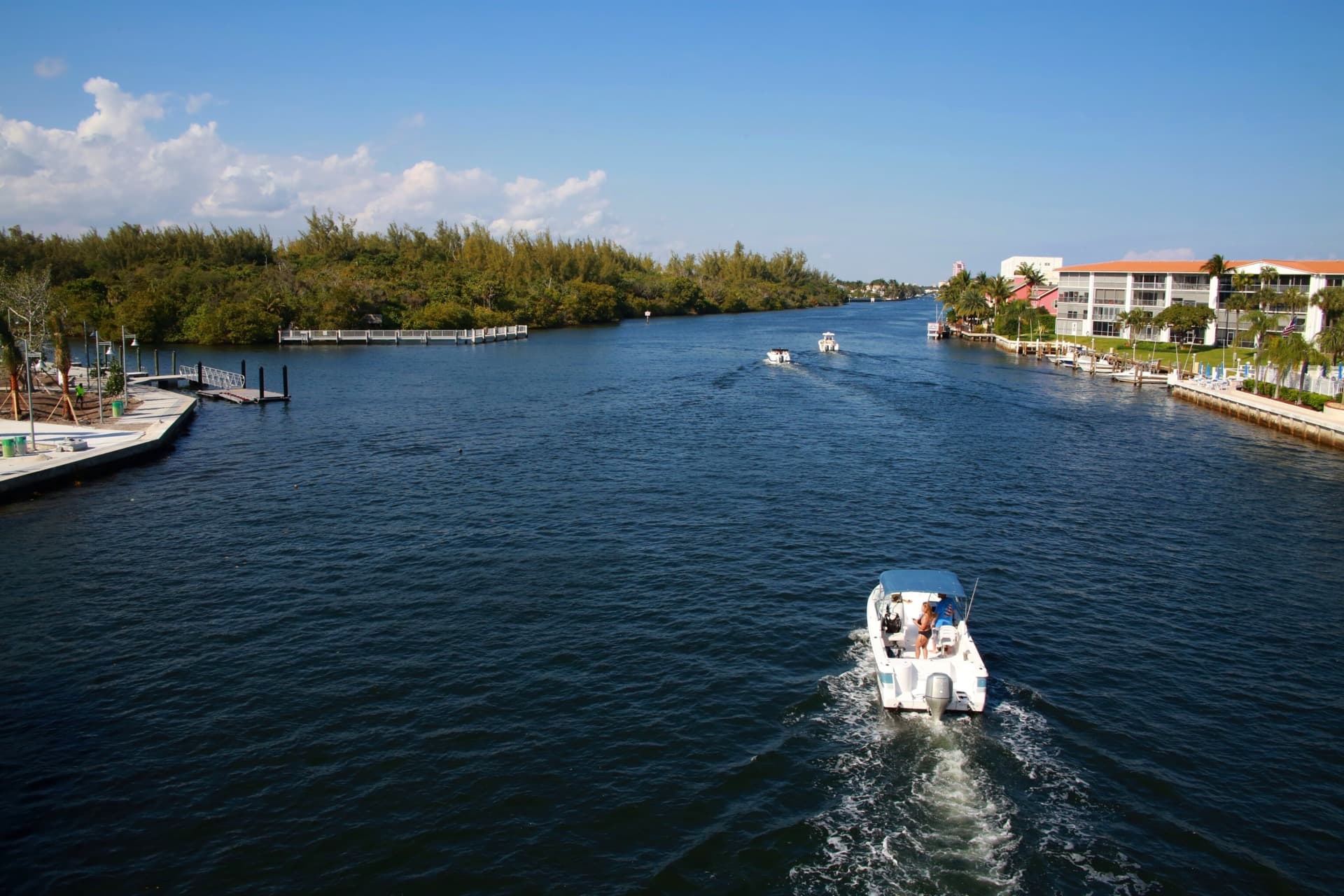 Aerial view of the Intracoastal Waterway and riverfront homes in New Smyrna Beach