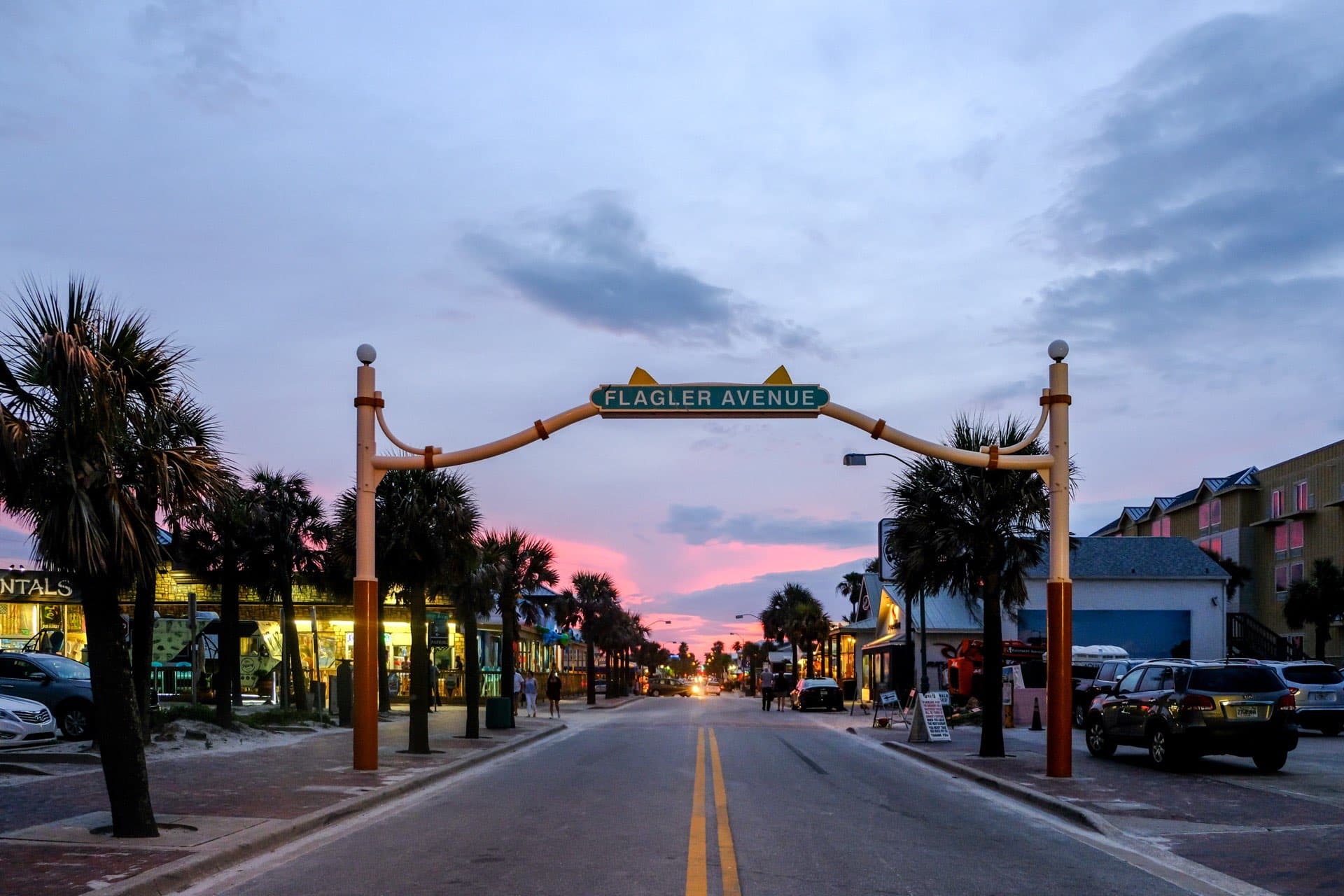 Flagler Avenue streetscape with shops and restaurants in Central Beach, New Smyrna Beach